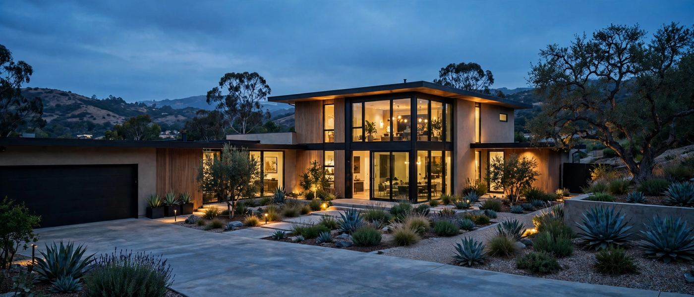 California home exterior at dusk with warm lights on