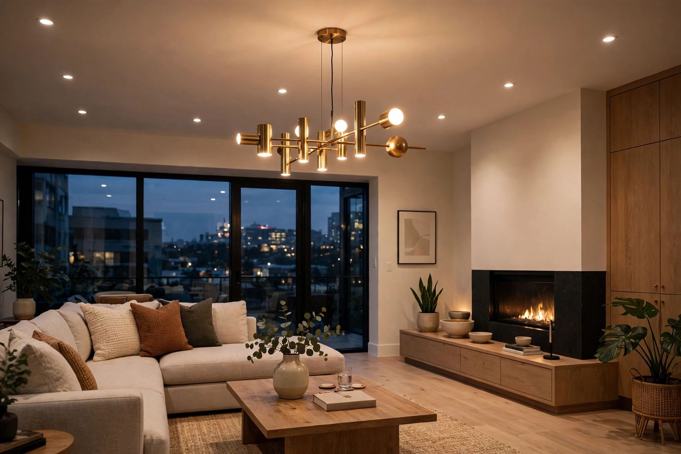 Remodeled living room interior with recessed lighting glow